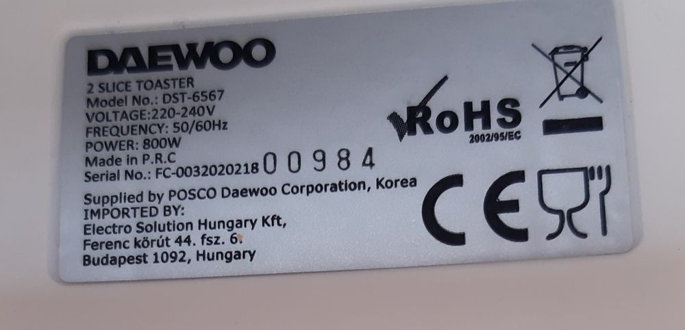 Toster DAEWOO opiekacz do grzanek 800 W