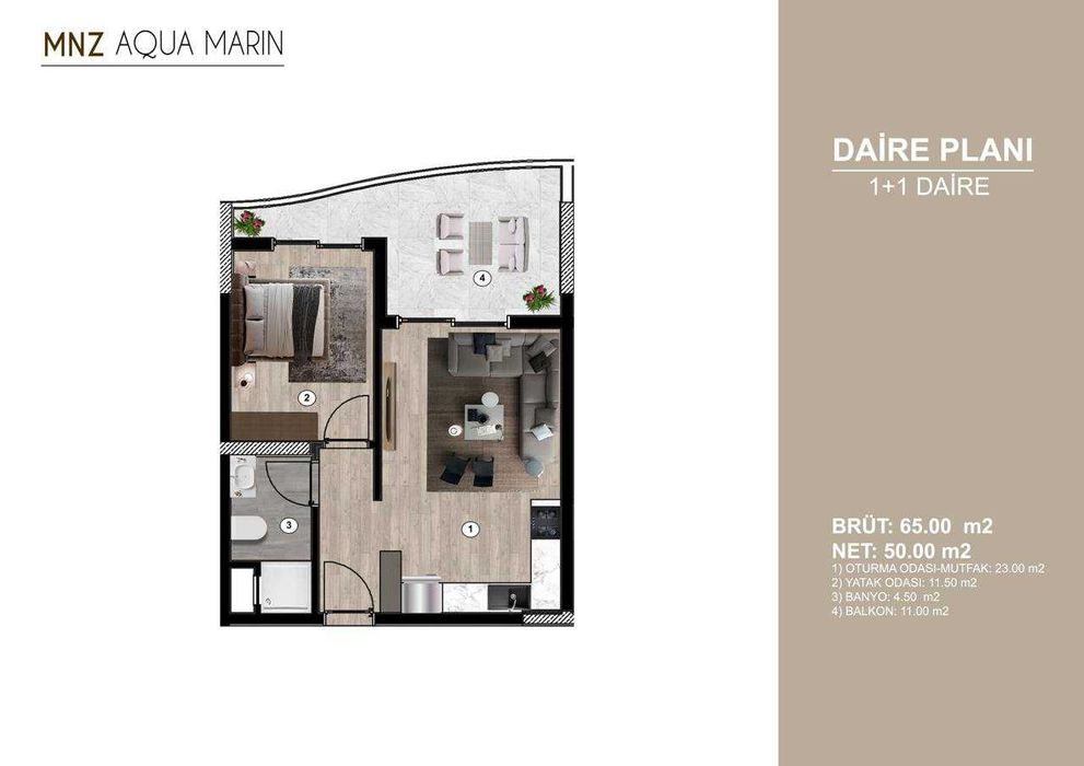 Квартира 58м2/Апартамент 1+1 в престижном районе Мерсина Турция