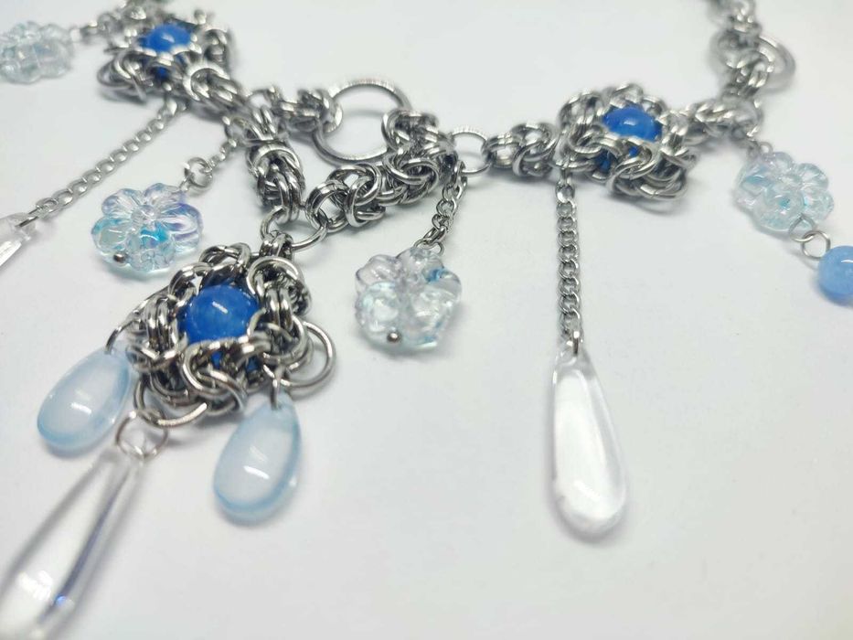 Choker naszyjnik handmade z akwamarynem szkłem Stal chirurgiczna