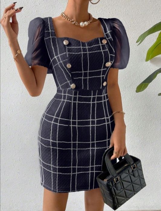 Elegancka sukienka granatowo zlota guziki komunia 44