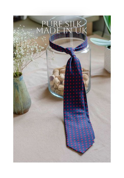 Sartorialny krawat 100% jedwab, made in UK, M&S, dots, granat w grochy