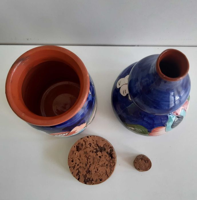 2 Peças Barro Artesanal Pintado á Mão Portugal Pote e Cabaça
