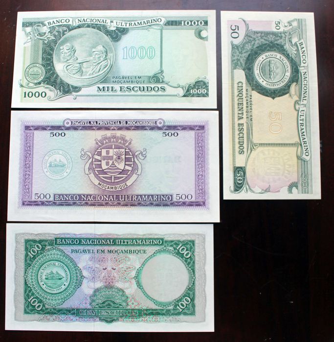 4 Notas Novas de Escudos de Moçambique de 1961 a 1972