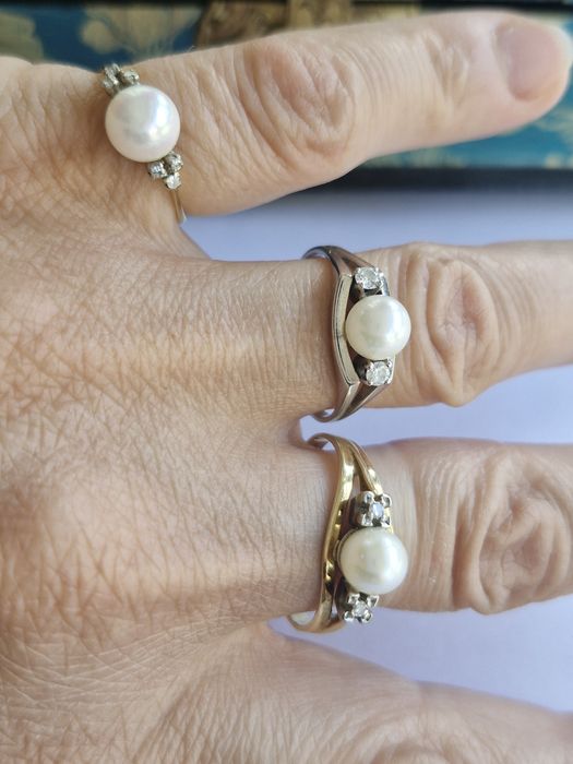 Retro pierścionek złoto białe 14k perła diamenty 0.14 ct  R18