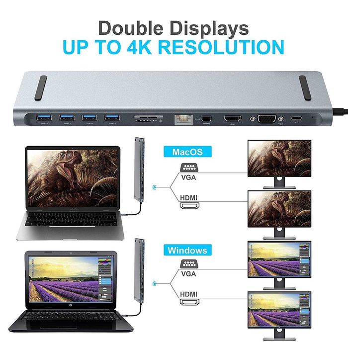 Док-станція 1Goal® USB C - 12 в 1 HUB MST, алюмінієва станція типу C