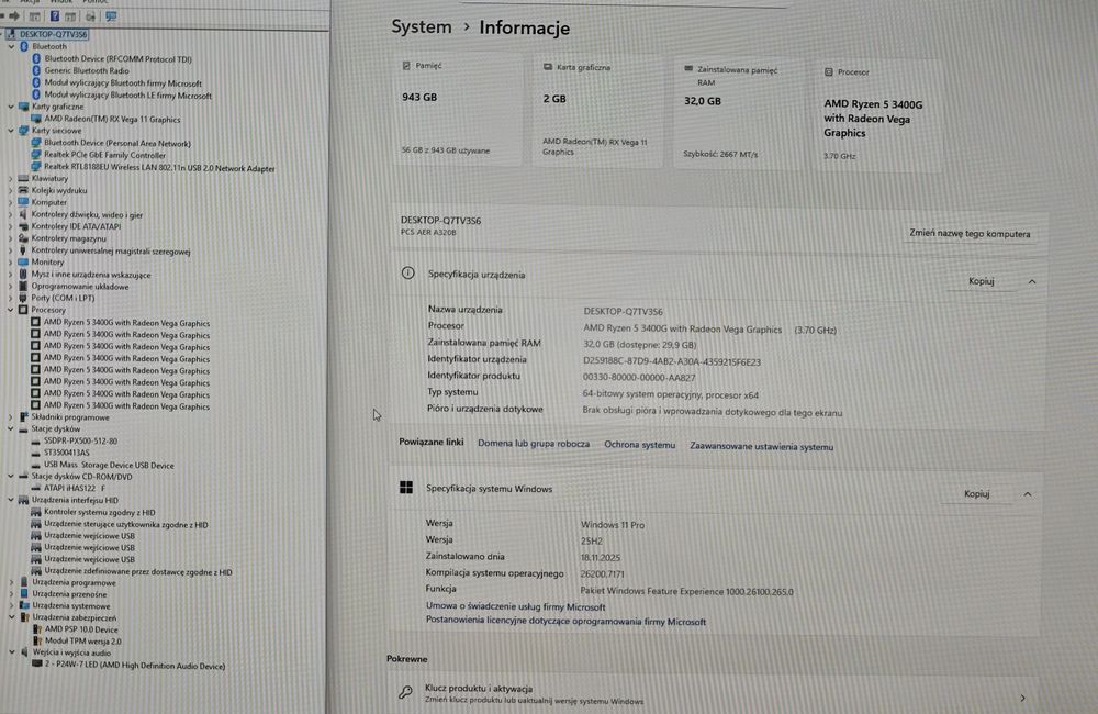 Zestaw: monitor 24", komputer AMD Ryzen 5, 32GB RAM, SSD 512GB, Win11