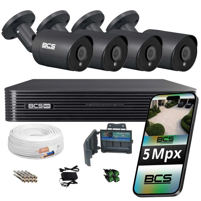 Zestaw CCTV BCS 4 czarne kamery tubowe 5 Mpx IR 40 m rejestrator analogowy