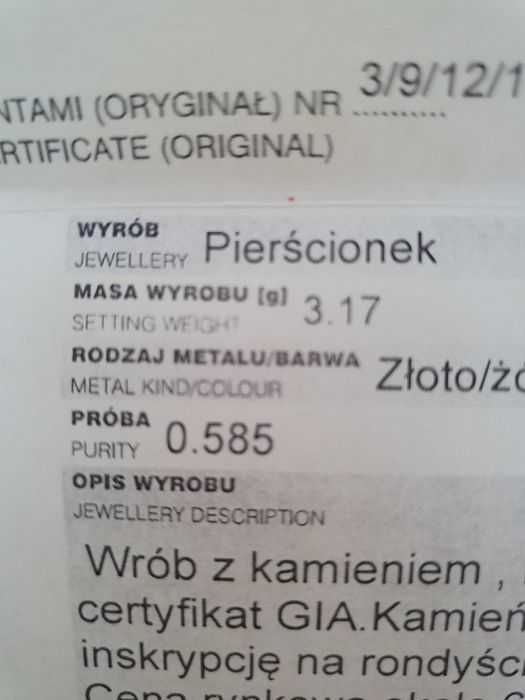 Złoty 585  Pierścionek z diamentem 0,42ct
