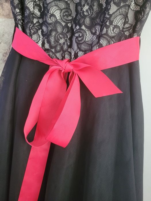 Czarna sukienka z różową kokardą Ette Lou M 38 na wesele na randkę