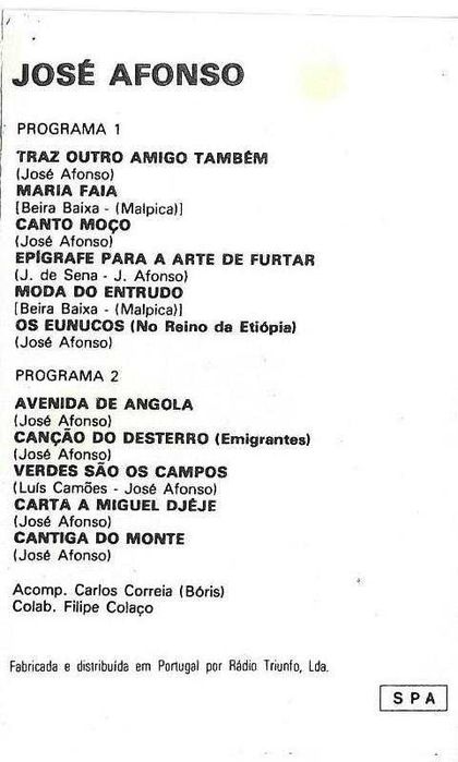 José Afonso	- - - - -		Traz Outro Amigo Também	- - - - -	K7