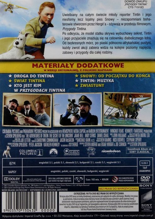 Film Przygody Tintina Płyta Dvd