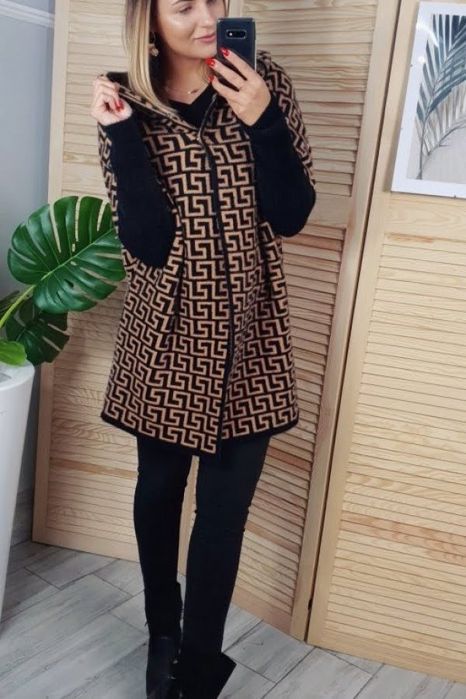 COCOMORE Płaszcz Alpaka Kaptur Czarny+Camel Labirynt