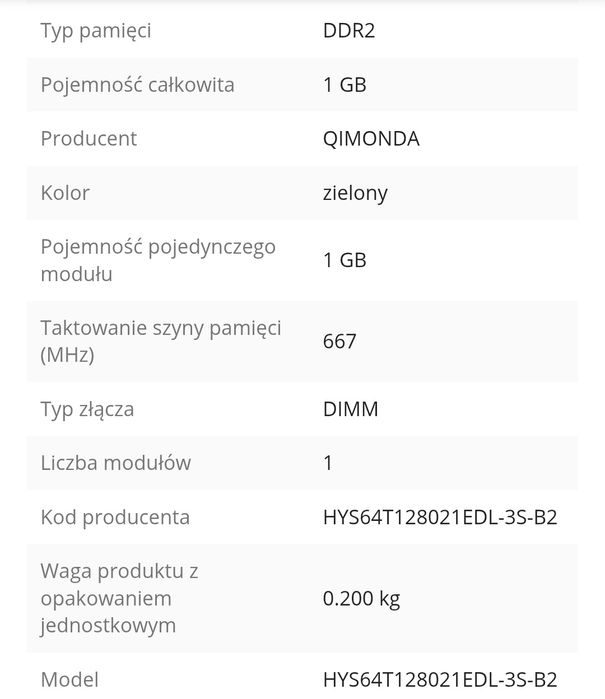 Pamięć Ram DDR2 1GB Qimonda HYS64T128021EDL-3S-B2