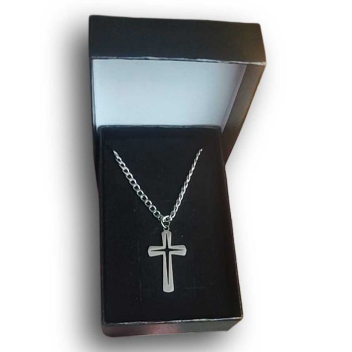 Naszyjnik pancerka 55 cm , stal szlachetna , krzyżyk , pudełko