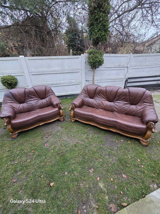 Sofa 3 i 2 osobowa, drewno, prawdziwa skóra, konie! Piękne