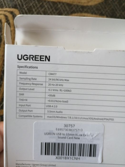 zewnętrzny adapter audio UGREEN USB na mini jack 3,5mm.  Nowa