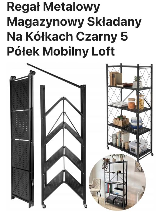 Regał• Metalowy Magazynowy Składany Na Kółkach Czarny 5 Półek Mobilny Loft • piwnica• kuchnia• spizarnia• szafa• pokoj• garaz• komurka• sklep• magazyn