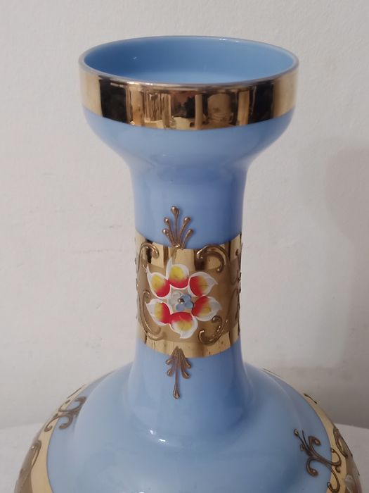 Jarra antiga vidro murano azul com aplicações em ouro