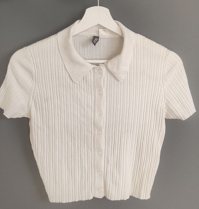 Biały top z kołnierzykiem, w prążki, Divided, H&M, rozm. S