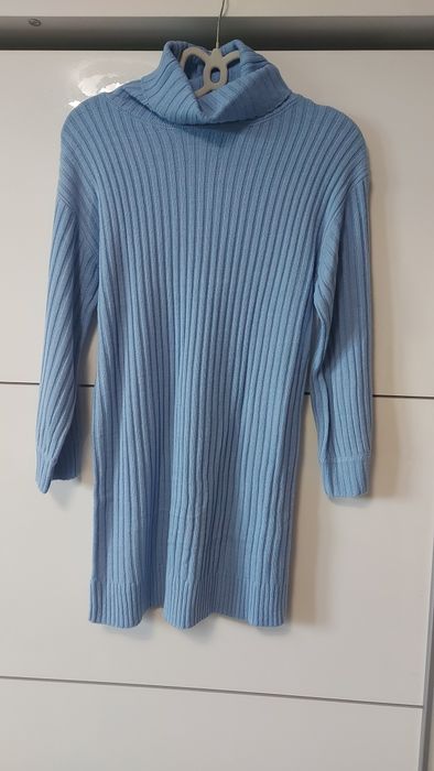 Damski sweter długi sukienka swetrowa błękitna