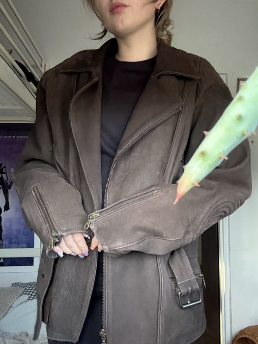 Brązowa skórzana kurtka retro vintage ramoneska pasek xxl oversize