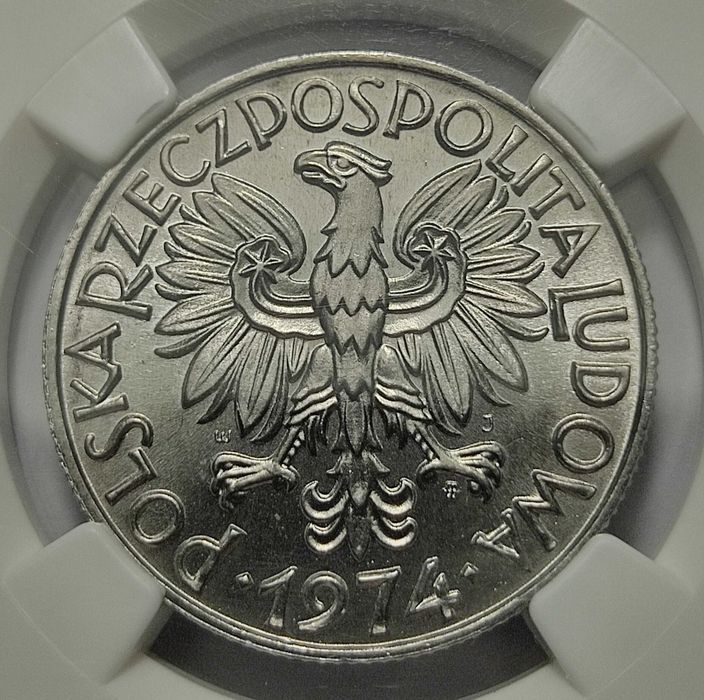 5 zł 1974, NGC MS66, Rybak z trawką, destrukt