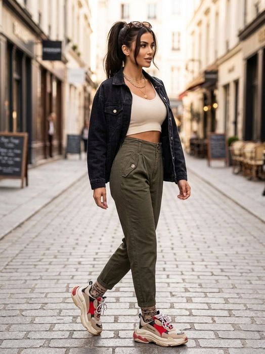 Стильные брюки H&M с высокой посадкой | Оливковые, со складками Slacks