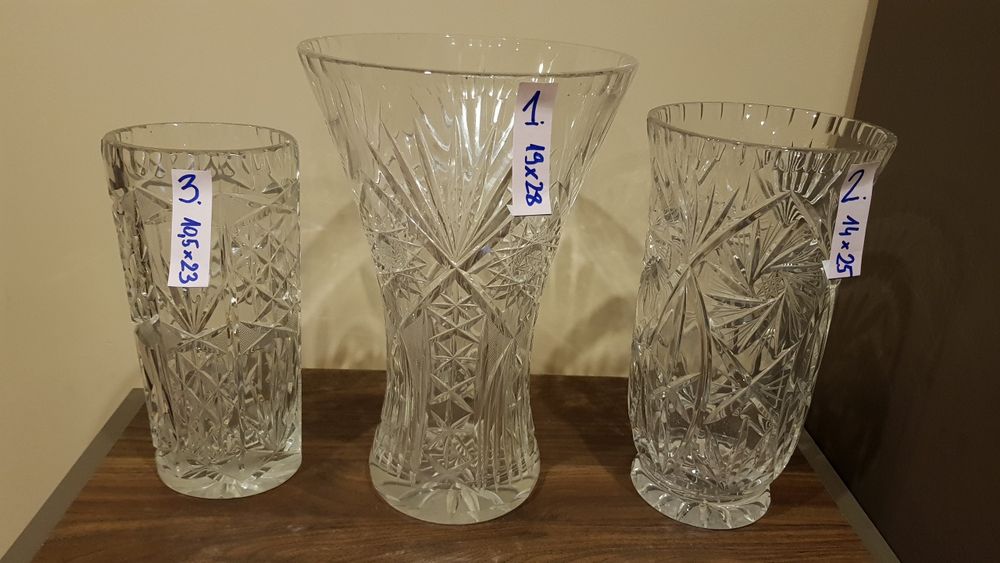 Komplet 3 piękne wazony kryształowe Huta Julia