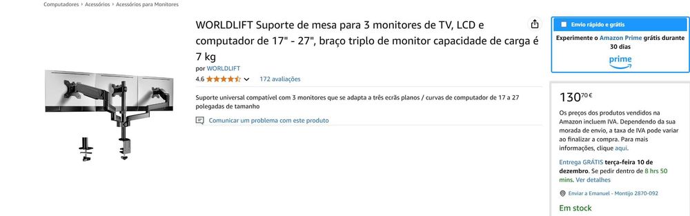 WORLDLIFT Suporte para 3 monitores 17" - 27"