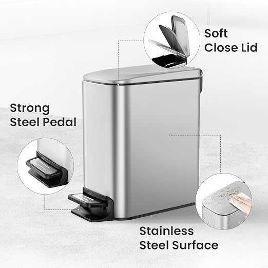 Lixeira retangular slim Inox 6L com pedal e fechamento suave da tampa 29x14x30cm.