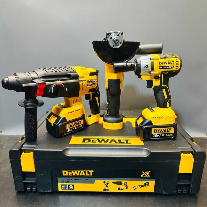 Акумуляторний набір інструментів DeWalt 3в1 48V: перфоратор, шурупокрут, болгарка 125 мм, 2 АКБ 6.0Ah, кейс