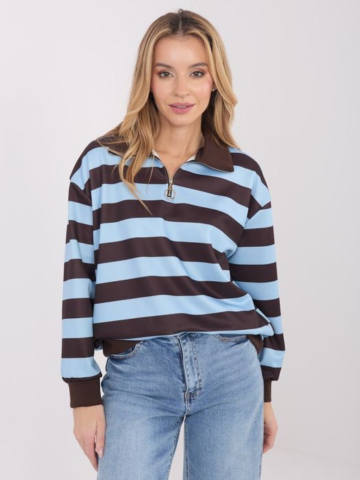 Jasnoniebieska bluza damska w paski z kołnierzykiem i suwakiem casual