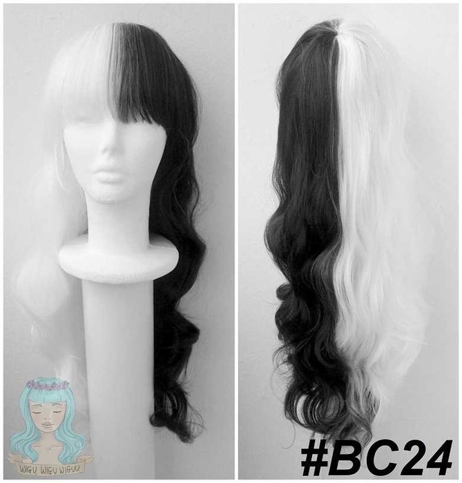 Biała czarna peruka długa z grzywką Cruella de Mon Estella cosplay wig