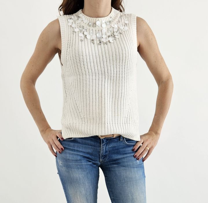 Colete branco de malha com pedraria S