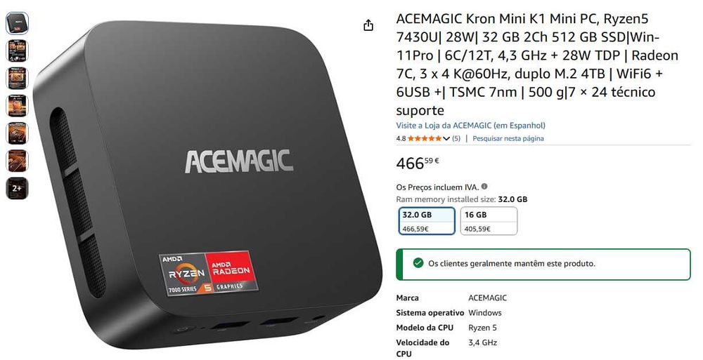 Mini PC Ryzen5 7430U | RAM: 32Gb | ROM 512Gb