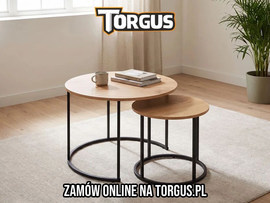 NOWY Zestaw 2 Stolików 2w1 Kawowych Okrągłych Stolik Jasny Dąb Loft Metalowe Nogi Do Salonu Sypialni Biura Ława Okrągła Komplet Mebli Tanio OKAZJA! FV