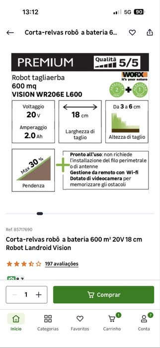 Corta relva robo a bateria 600m2 20V 18cm