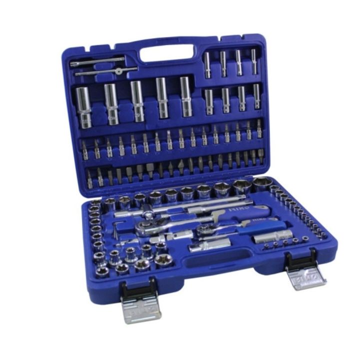 Mala de ferramentas com jogo de chaves de caixa e roquetes de 1/2" e 1/4" (f com 108 peças