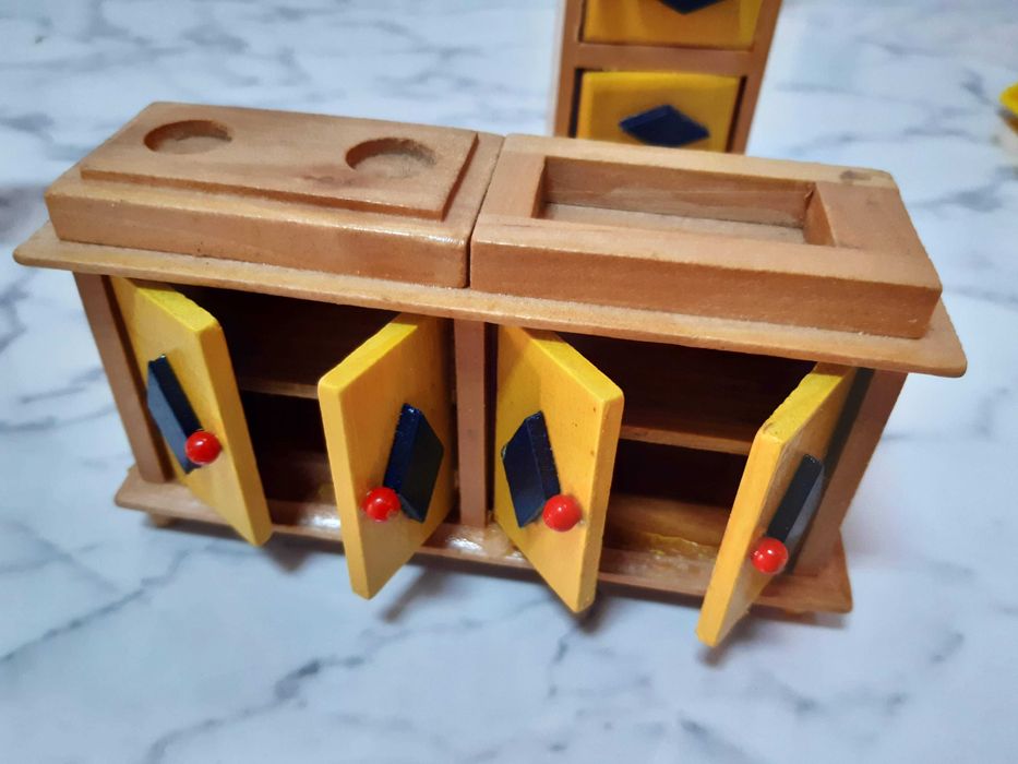 Mobília de sala miniatura madeira, 8 peças, vintage, NOVA