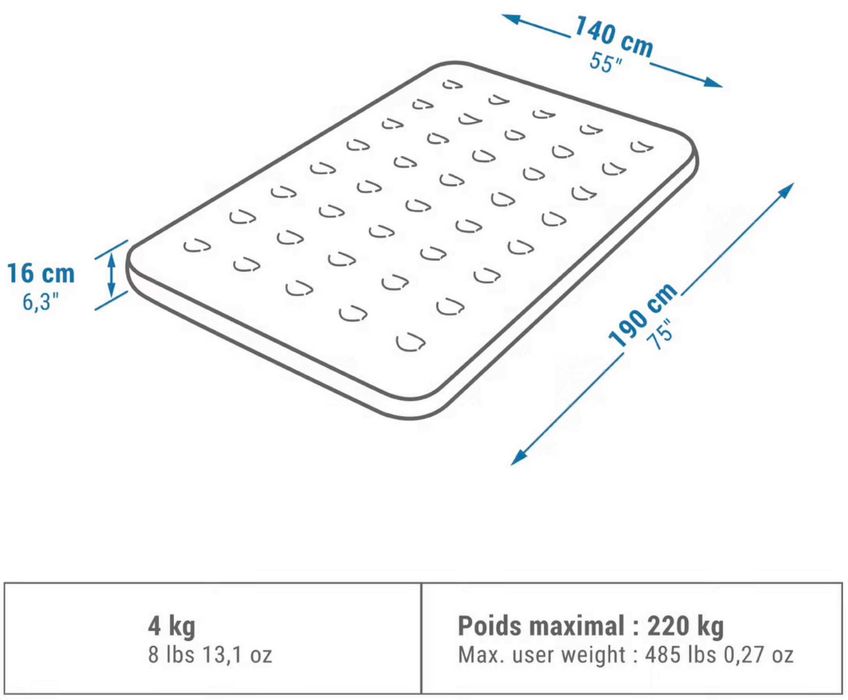 Colchão de campismo insuflável, 2 pessoas 140cm - Novo