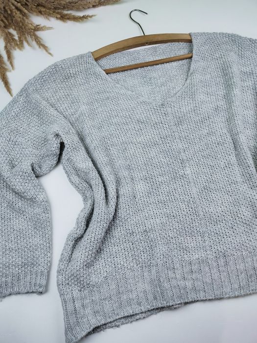Szary basic sweter i damski z długim rękawem sweterek z dzianiny basic