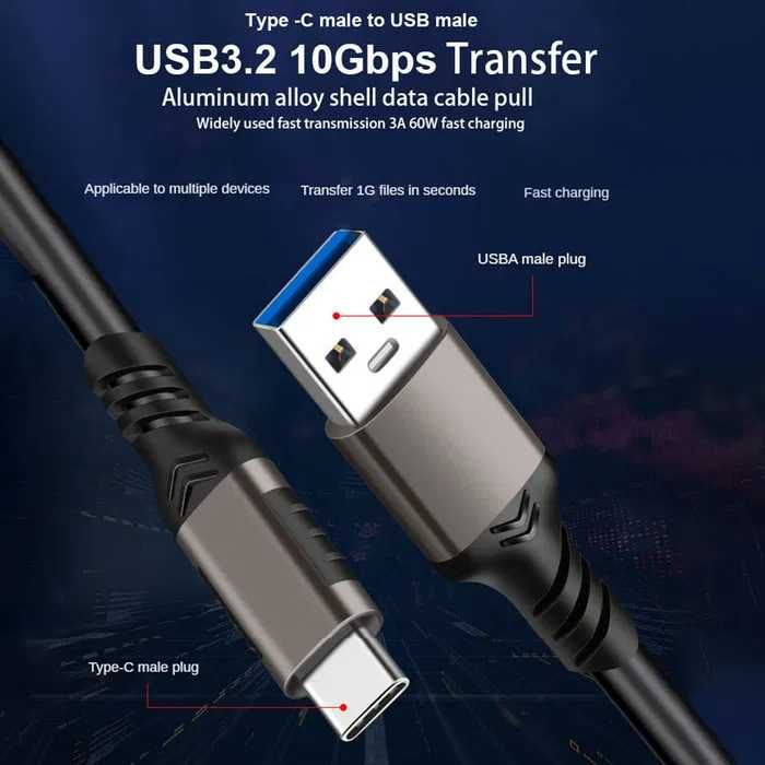 Кабель USB на Type-c, USB 3.1, 3A, QC 3.0 (1-2 метра)