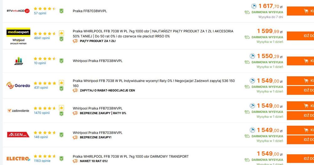 NOWA pralka silnik inwerter WHIRLPOOL FFB7038WVPL gwar 2 lata