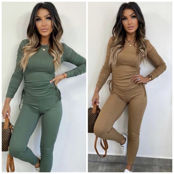 Komplet prążek top legginsy Spring Oliwkowy Khaki 38 M