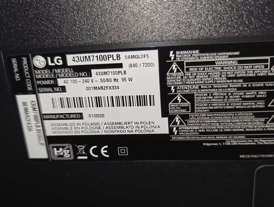 Telewizor LG 43UM7100PLB 43" 4K UHD Smart TV, idealny stan, pudełko