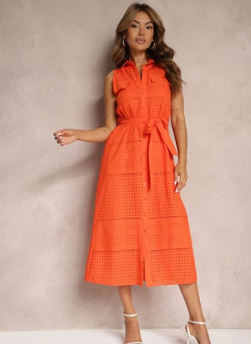 Pomarańczowa ażurowa sukienka (M]