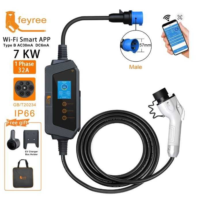 Зарядка електромобіля feyree Type1, GBT 7кВт 32А, 5 метрів з WiFi