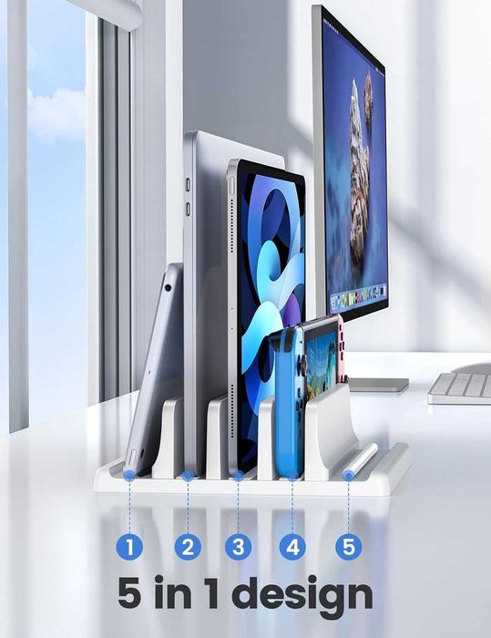 Vaydeer 5‑in‑1 – Pionowy stojak na laptopy, 3 regulowane sloty, ABS, organizer biurkowy