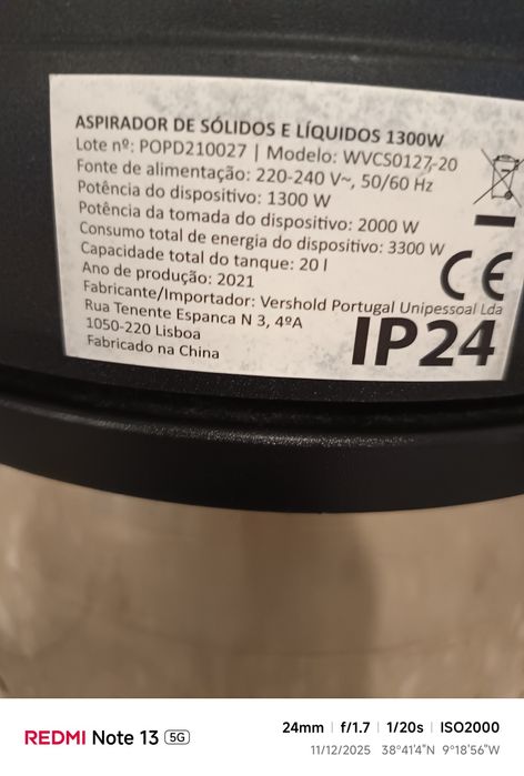 Aspirador para sólidos e líquidos, 1300 w.