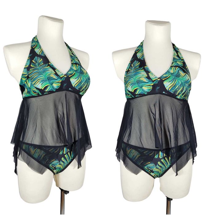 Strój kostium kąpielowy 38,M bikini tiul wzór liście BonPrix komplet